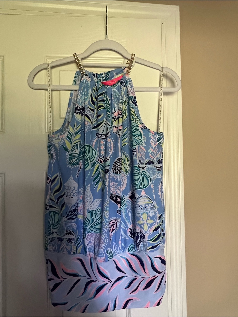 Lilly Pulitzer Light Blue Tropical Halter Dress with Gold Chain Straps